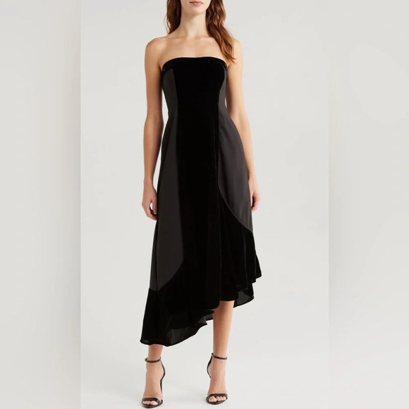NWOT Du Paradis Geneva Mixed Media Strapless Midi Dress S Black Velvet Crepe - Picture 1 of 11